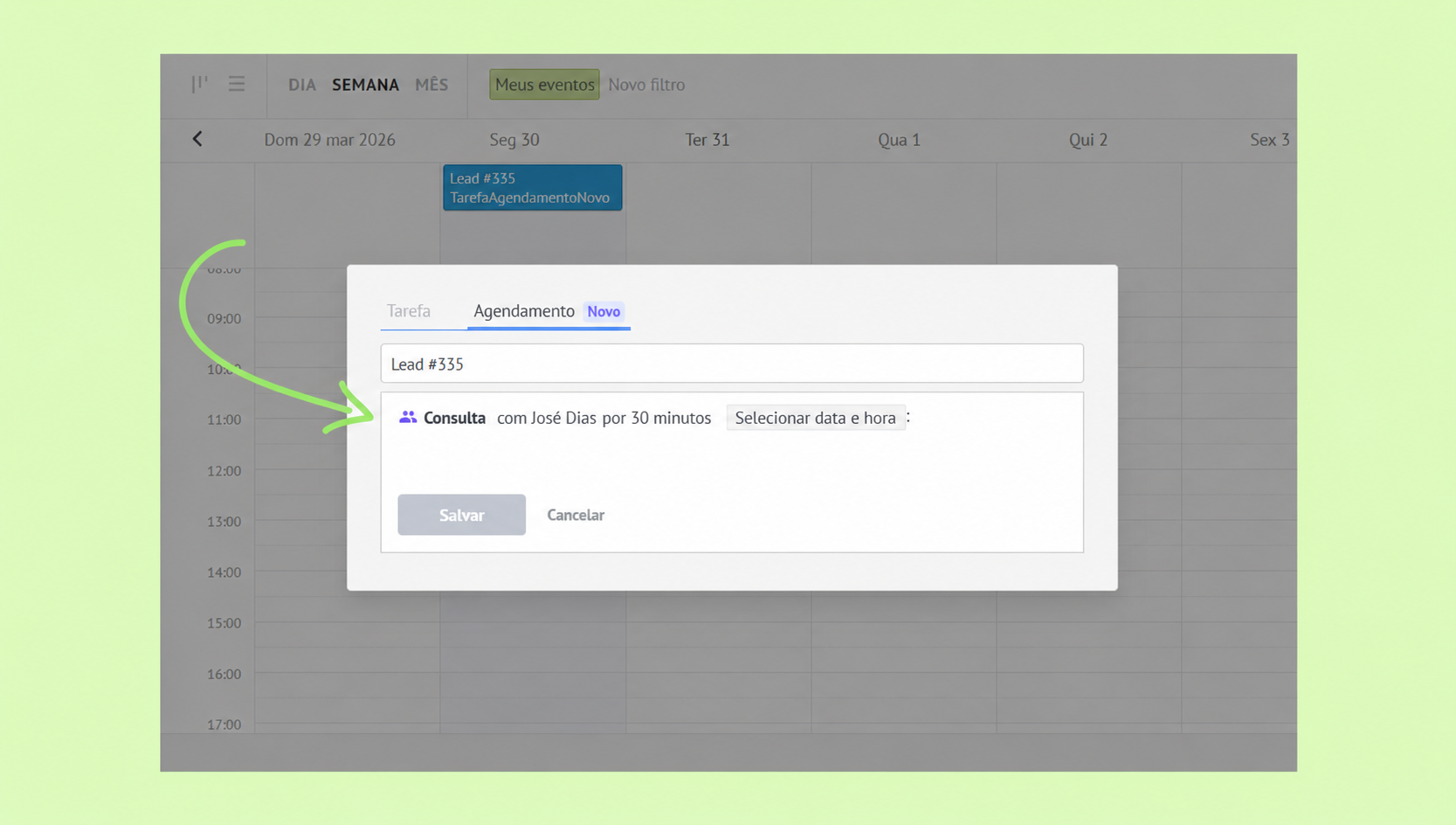 Scheduling a consultation for Lead #335 with José Dias for thirty minutes.